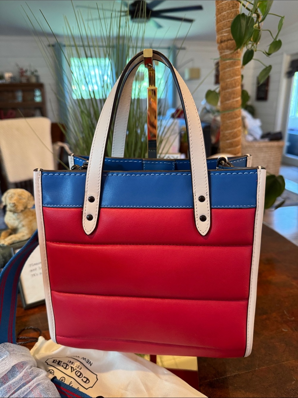 Coach Quilted Colorblock Small Tote in Red, Blue & White - Picture 6 of 14